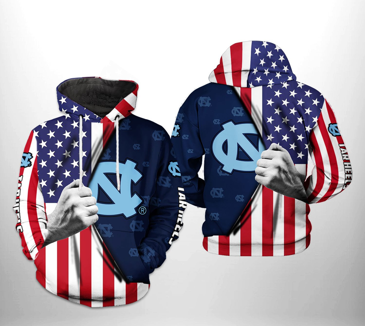 North Carolina Tar Heels NCAA US Flag 3D All Over Print Hoodie, Zip Hoodie