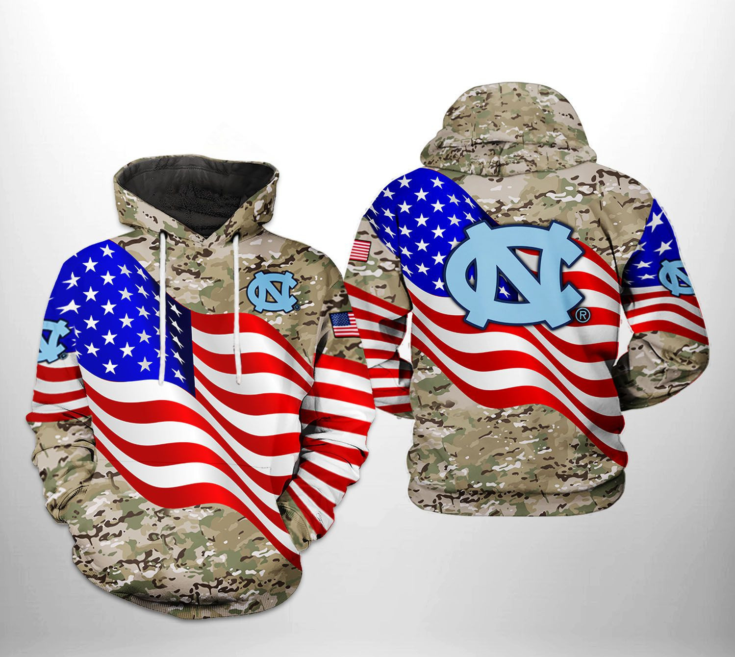 North Carolina Tar Heels NCAA US Flag Camo Veteran 3D All Over Print Hoodie, Zip Hoodie