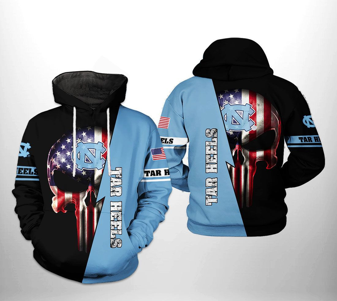 North Carolina Tar Heels NCAA US Flag Skull 3D All Over Print Hoodie, Zip Hoodie