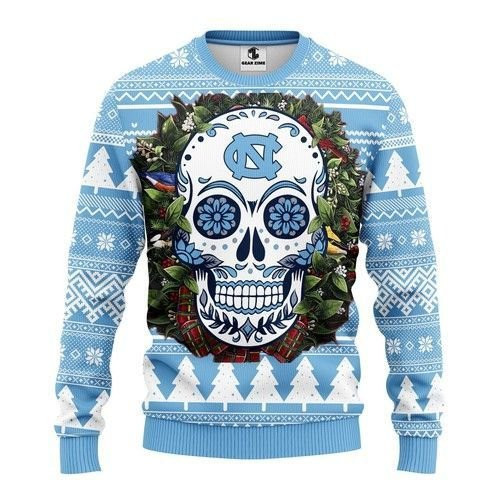 North Carolina Tar Heels Skull Flower Ugly Christmas Sweater Adult 3D Funny Matching for family