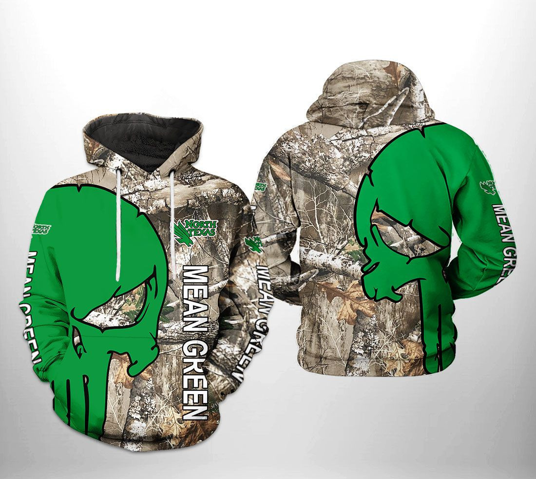North Texas Mean Green NCAA Camo Veteran Hunting 3D All Over Print Hoodie, Zip Hoodie
