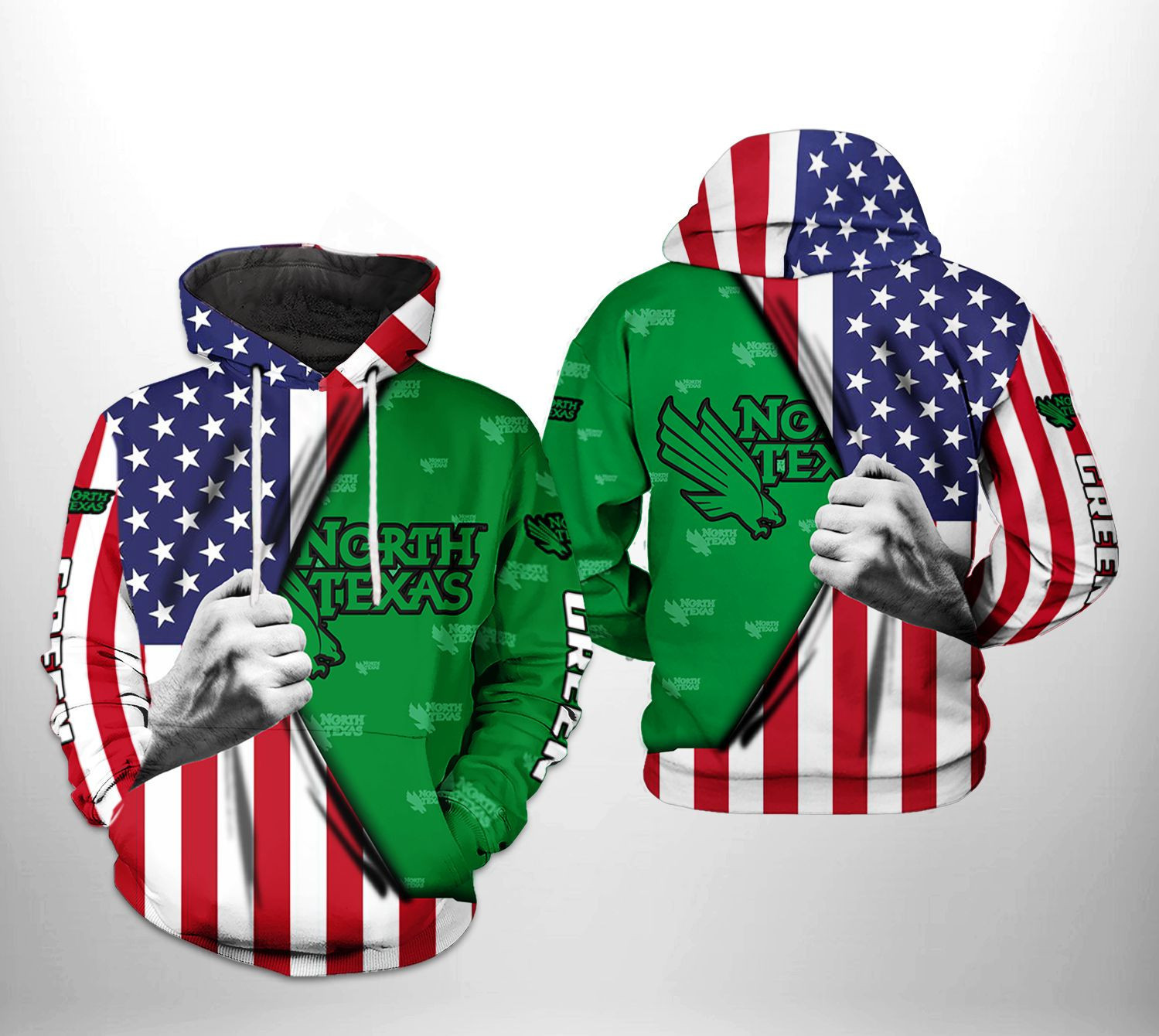 North Texas Mean Green NCAA US Flag 3D All Over Print Hoodie, Zip Hoodie