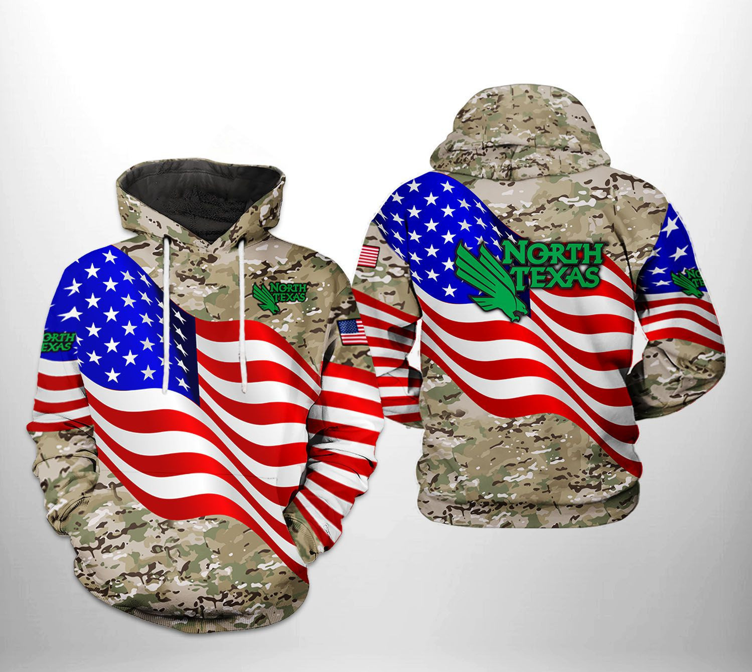 North Texas Mean Green NCAA US Flag Camo Veteran 3D All Over Print Hoodie, Zip Hoodie