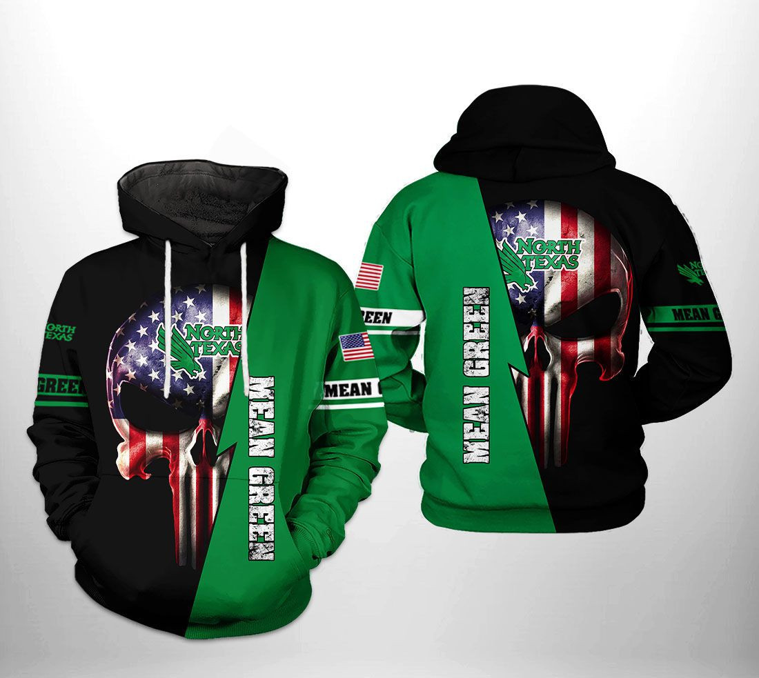 North Texas Mean Green NCAA US Flag Skull 3D All Over Print Hoodie, Zip Hoodie