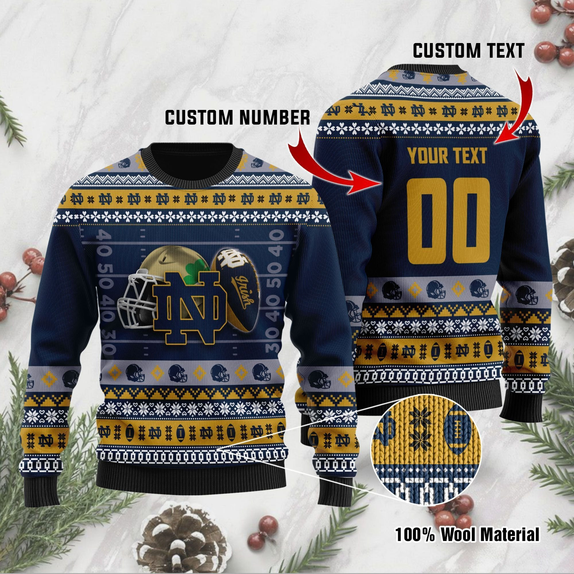 Notre Dame Fighting Irish Custom Name & Number Personalized Ugly Christmas Sweater Adult 3D Funny Matching for family