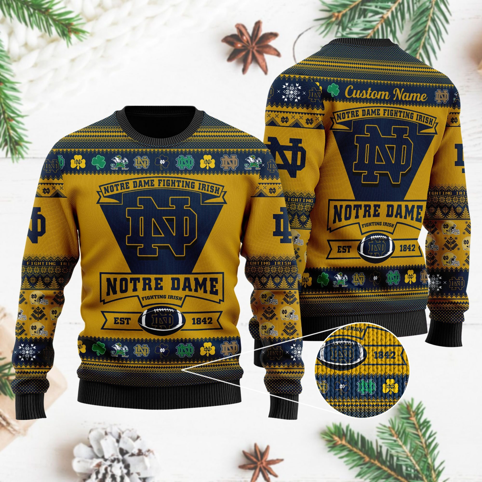 Notre Dame Fighting Irish Football Team Logo Personalized Ugly Christmas Sweater Adult 3D Funny Matching for family
