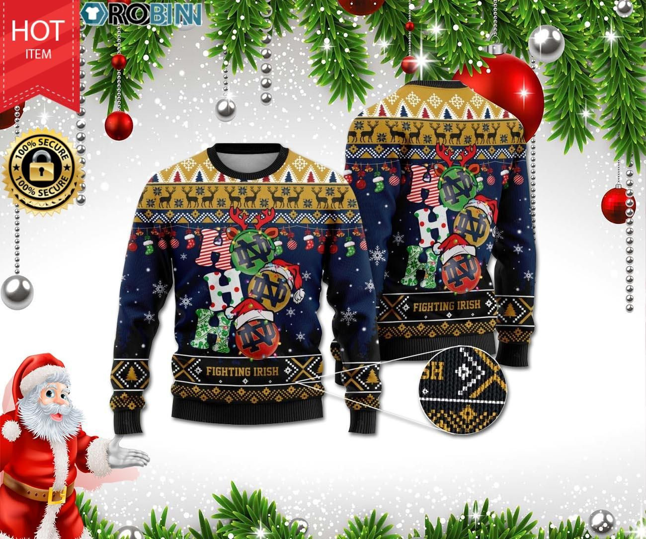 Notre Dame Fighting Irish Ho Ho Ho 3D Print Ugly Christmas Sweater Adult 3D Funny Matching for family