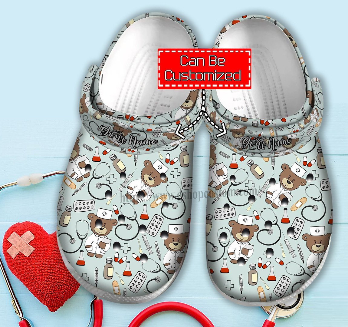 Nurse Baby Bear Medical Shoes For Daughter Wife Mother Day - Nurse Item Chibi Shoes Croc Clogs Customize Name