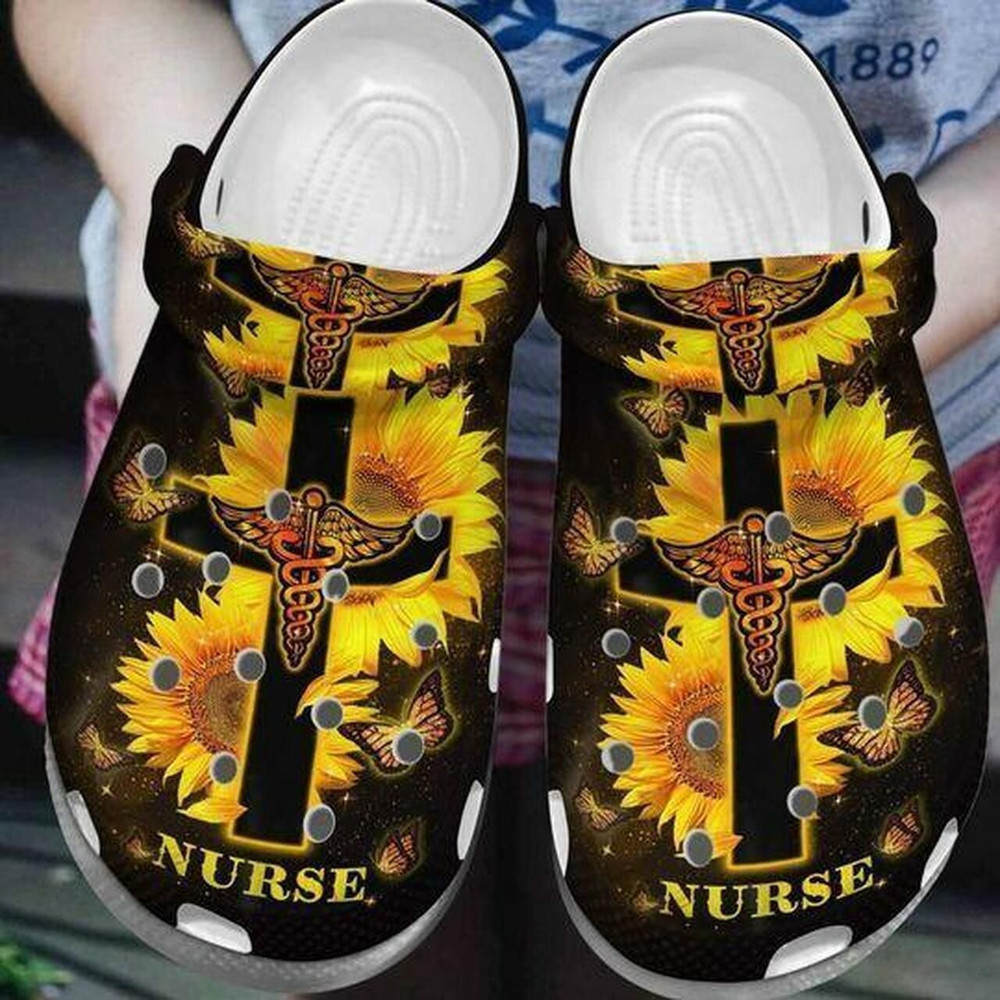 Nurse Icon Medical Sunflower Cross Personalized 10 Gift For Lover Rubber clog Shoes Comfy Footwear