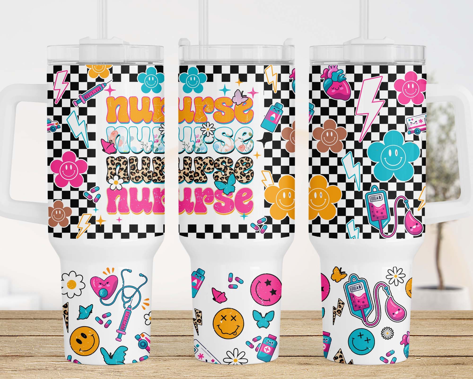 Nurse Retro Checkered Smiley Face Custom Stanley Cup 40 oz 30 oz Tumbler With HandleTVC2301959