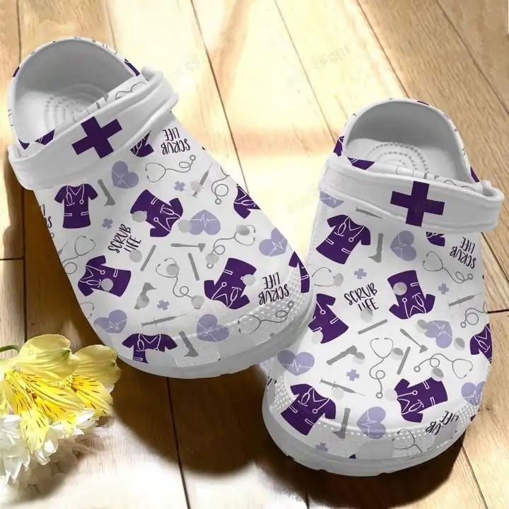 Nurse Scrub Life Nursing Job Symbols Pattern Purple Crocband Clog Shoes For Men Women