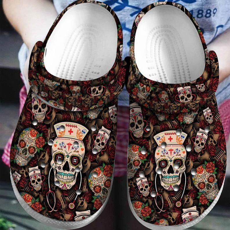 Nurse Skulls Nurse Pattern Rose Skulls Nurse Rubber clog Shoes Comfy Footwear