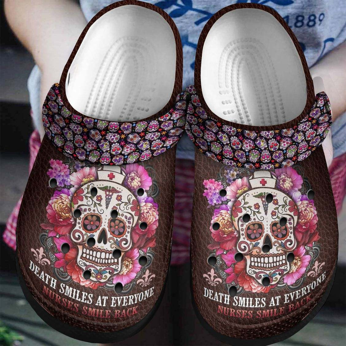 Nurses Sugar Skull Flower Shoes - Death Smiles At Everyone Shoes Crocbland Clog Gifts For Women