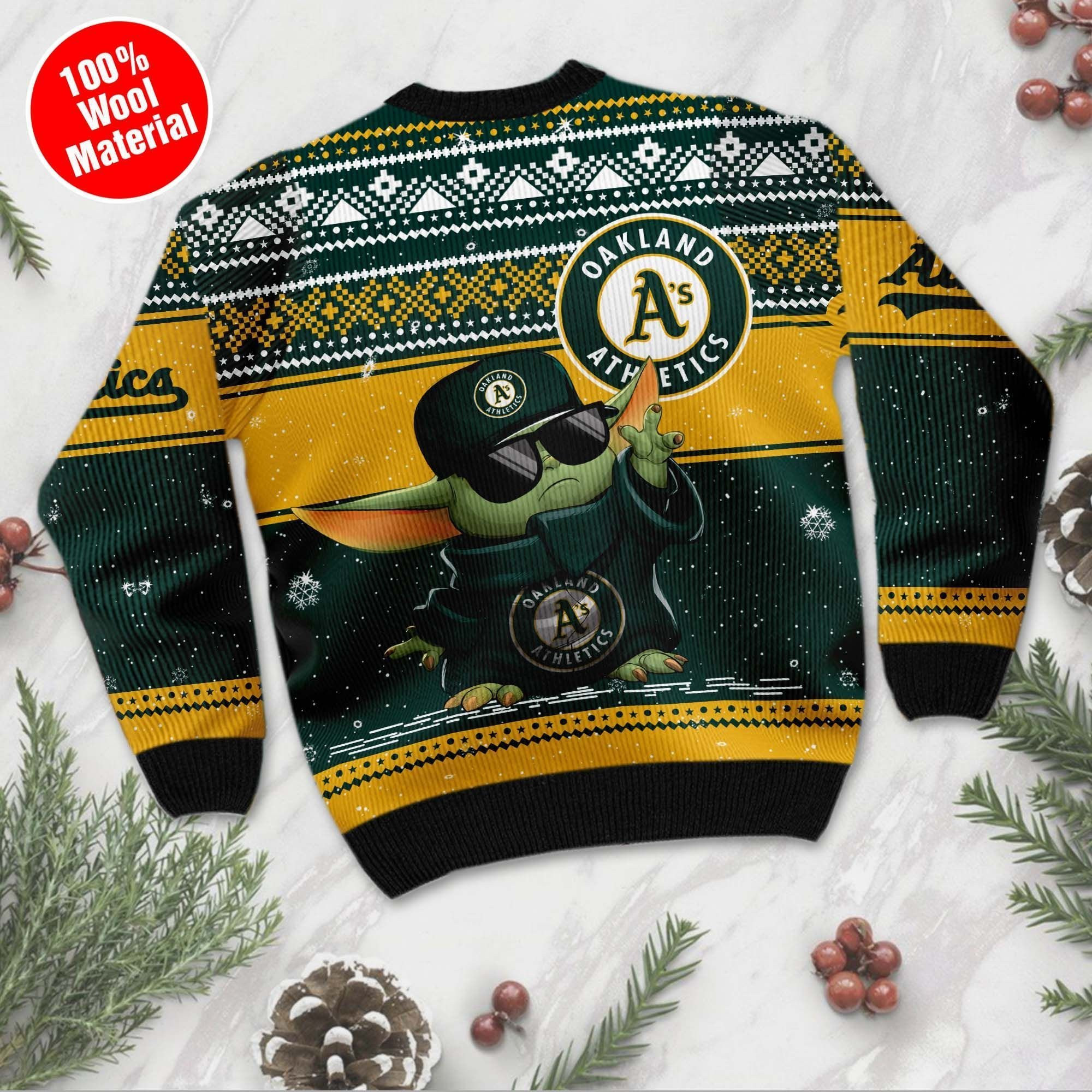 Oakland Athletics Grogu Baby Yoda Hug Logo Ugly Christmas Sweater Adult 3D Funny Matching for family - Image 2
