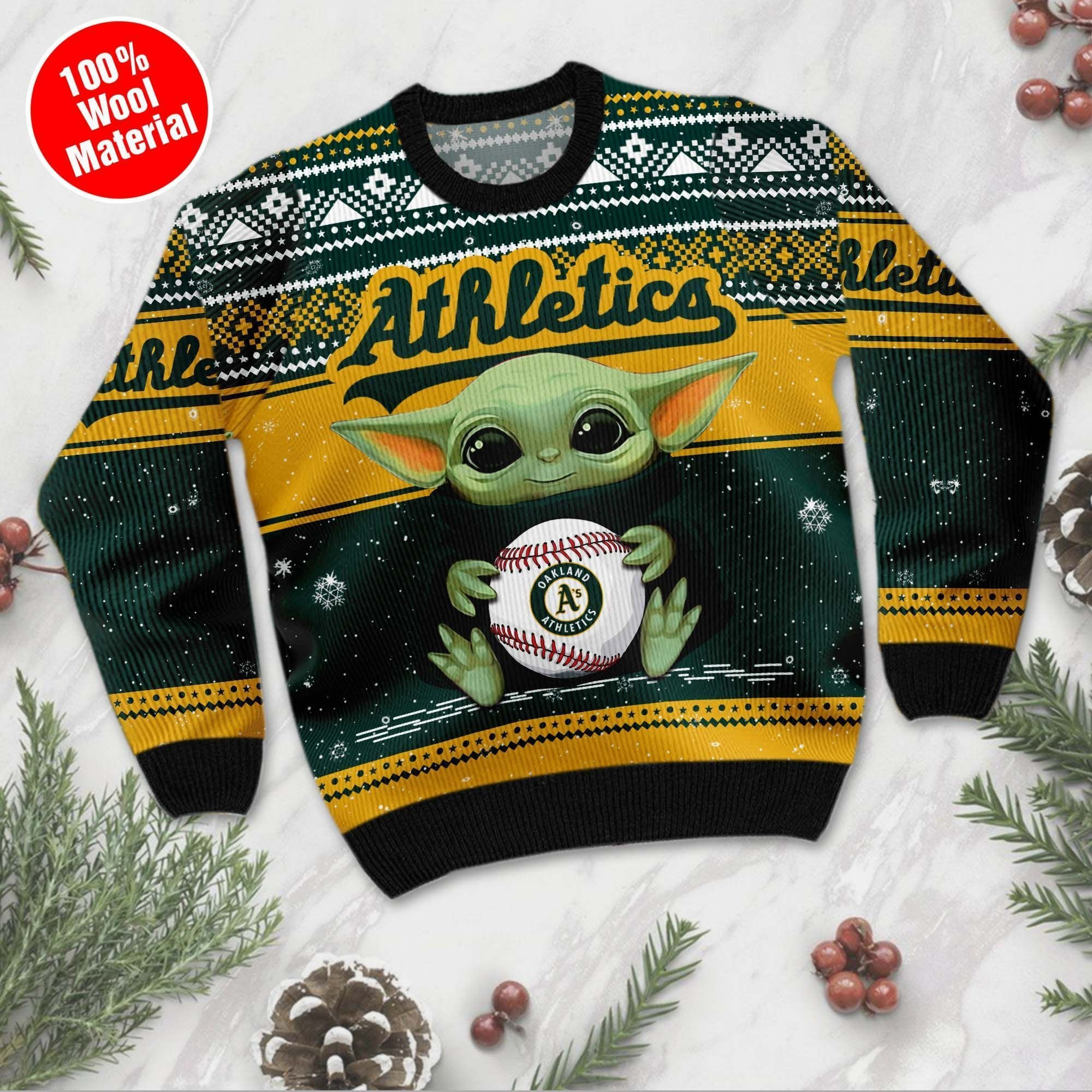 Oakland Athletics Grogu Baby Yoda Hug Logo Ugly Christmas Sweater Adult 3D Funny Matching for family
