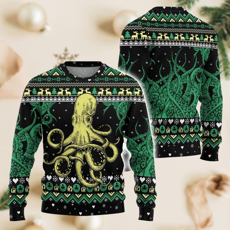 Octopus Christmas Ugly Sweater, Octopus Cool Xmas Wool Sweater, Ocean Animal knitted Sweater