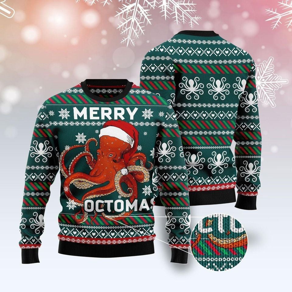 Octopus Santa Hat Ugly Christmas Sweater, Merry Octomas Animal Lover Sweater
