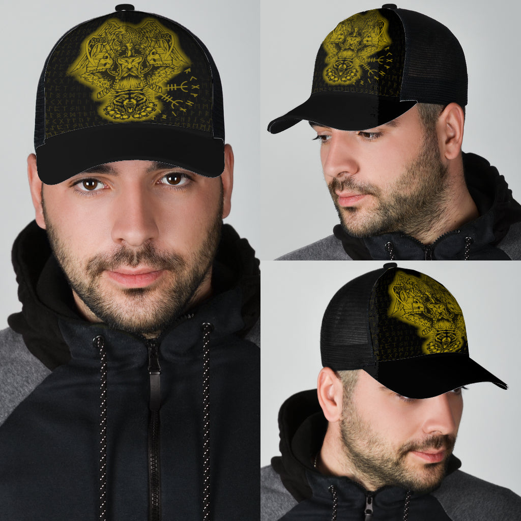 Odin And Raven Wolf Gold Viking Homeset Mesh Back Cap Trucker Hats Custom Hats Gifts For Men & Women