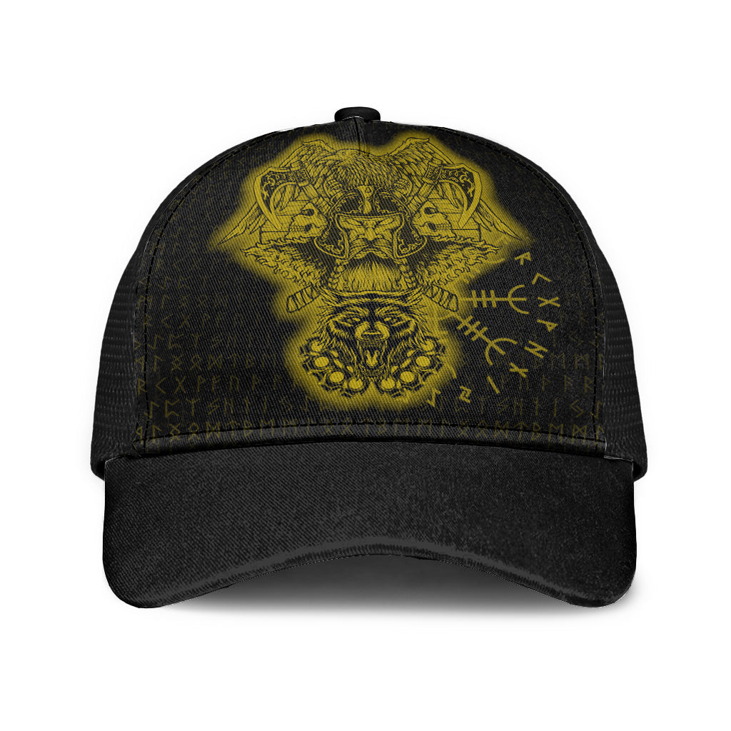 Odin And Raven Wolf Gold Viking Homeset Mesh Back Cap Trucker Hats Custom Hats Gifts For Men & Women