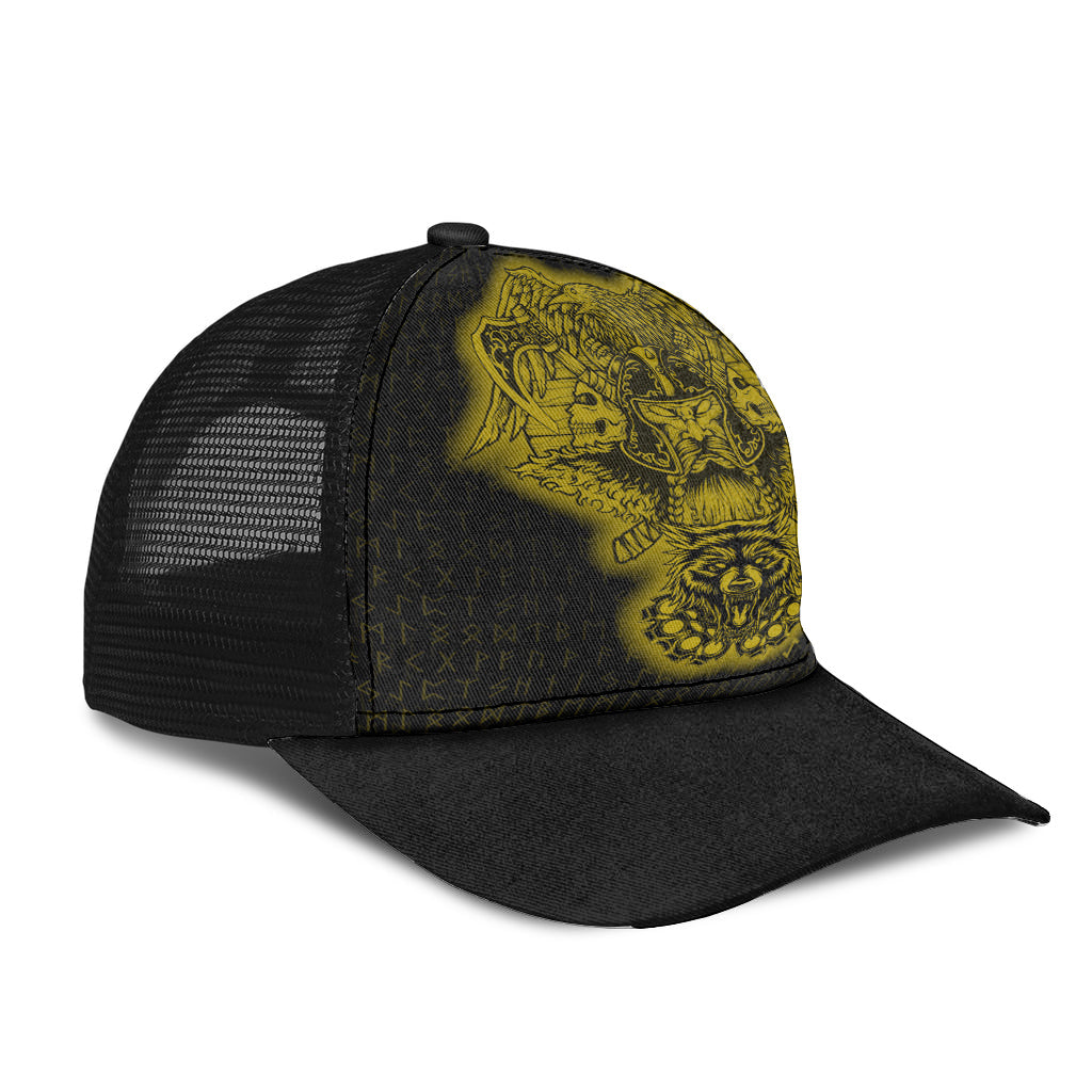 Odin And Raven Wolf Gold Viking Homeset Mesh Back Cap Trucker Hats Custom Hats Gifts For Men & Women