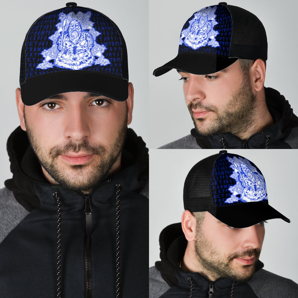 Odin Wolf Viking Set Blue Mesh Back Cap Trucker Hats Custom Hats Gifts For Men & Women
