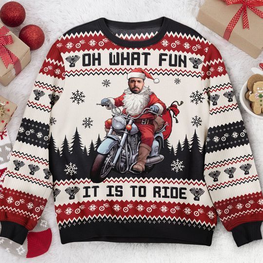 Oh What Fun It Is To Ride Santa Driving Motorcycles - Personalized Photo Ugly Sweater - Image 4