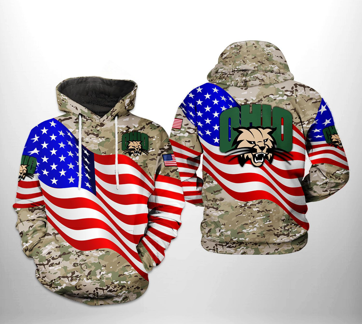 Ohio Bobcats NCAA US Flag Camo Veteran 3D All Over Print Hoodie, Zip Hoodie