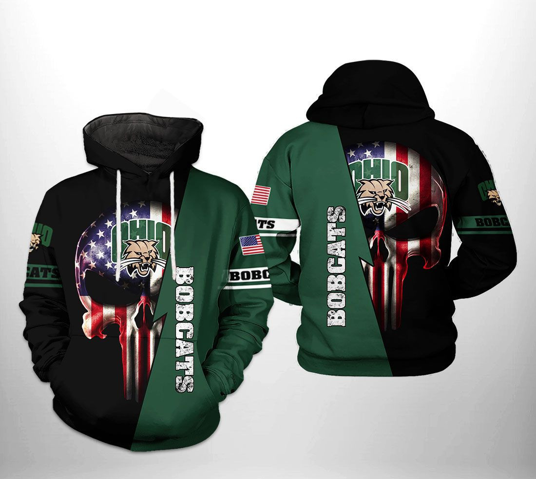 Ohio Bobcats NCAA US Flag Skull 3D All Over Print Hoodie, Zip Hoodie
