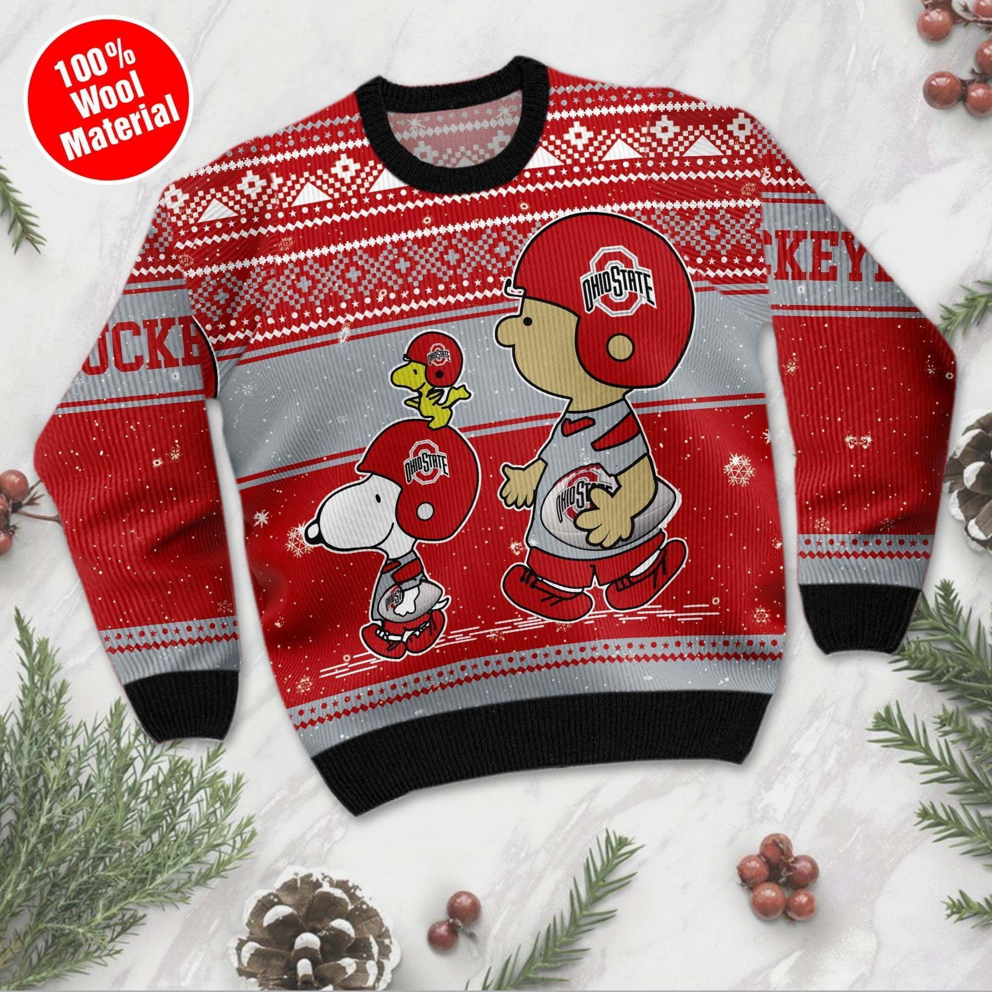 Ohio State Buckeyes Charlie Brown Snoopy Wear Football Jersey Ugly Christmas Sweater Adult 3D Funny Matching for family - Image 3
