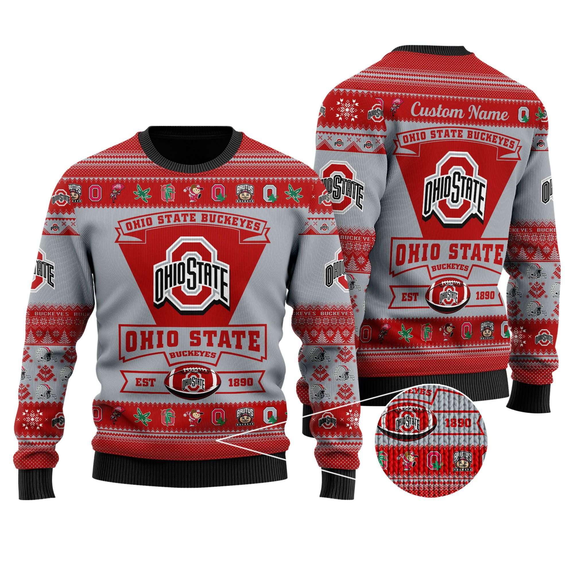Ohio State Buckeyes Football Team Logo Custom Name Personalized Ugly Christmas Sweater Adult 3D Funny Matching for family - Image 2