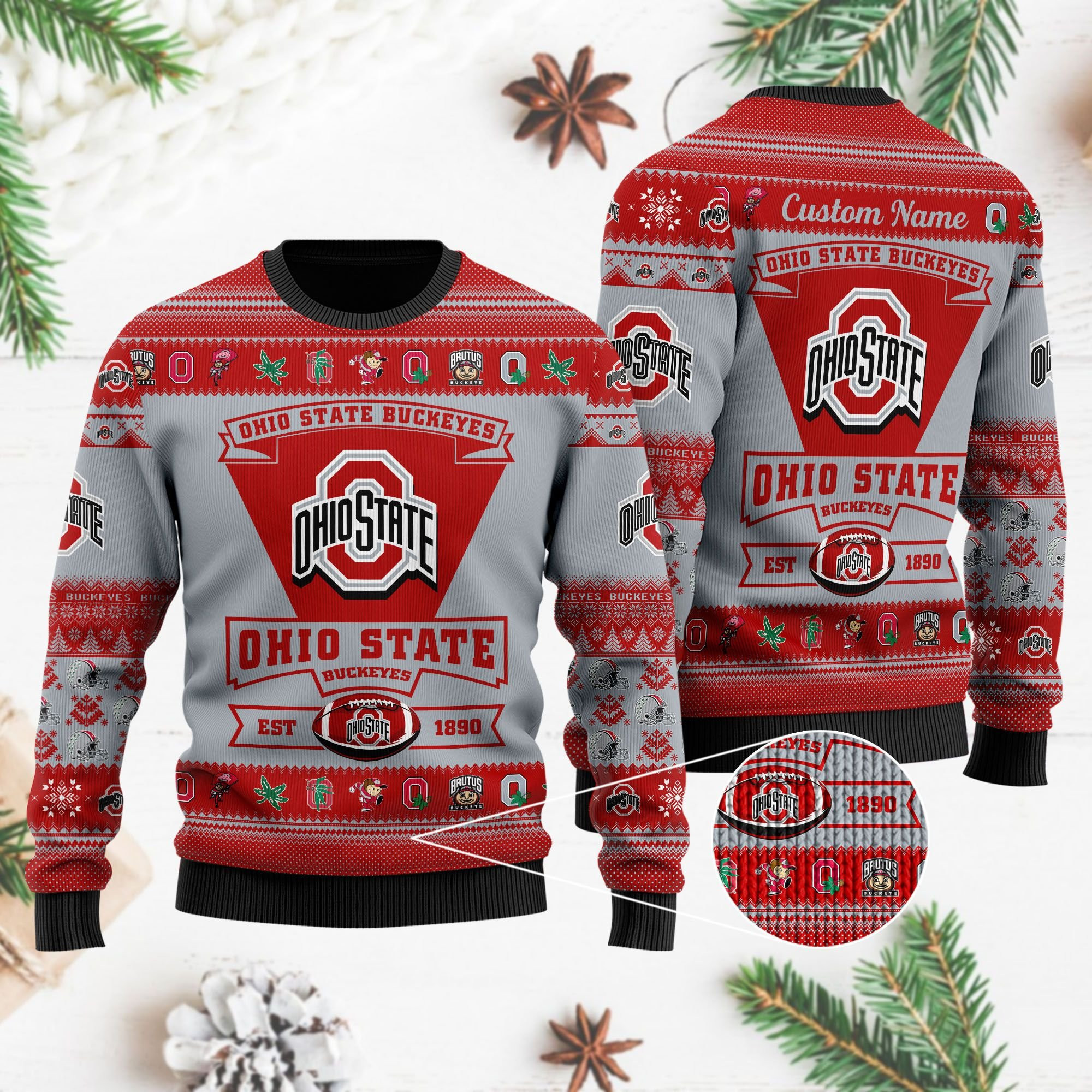 Ohio State Buckeyes Football Team Logo Custom Name Personalized Ugly Christmas Sweater Adult 3D Funny Matching for family