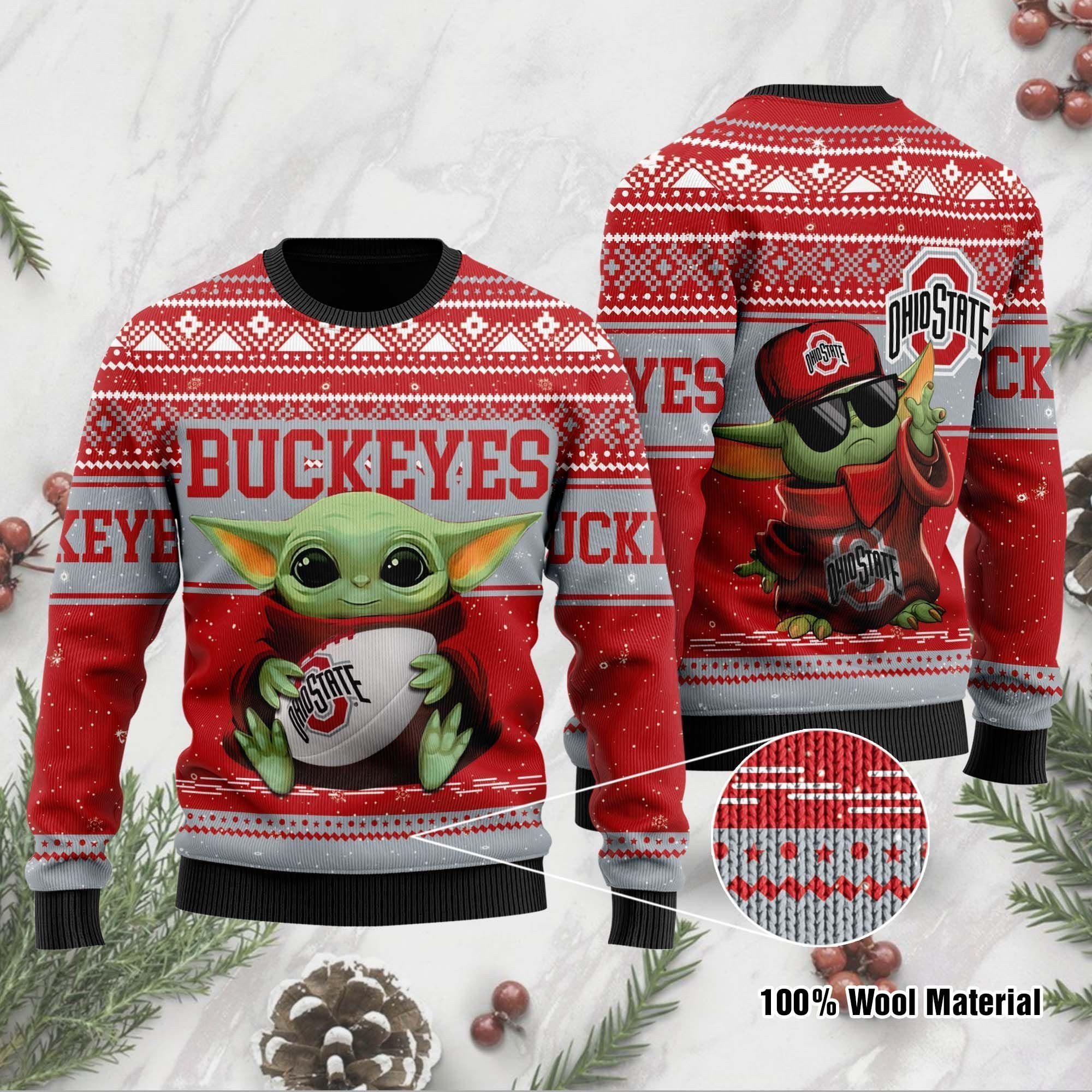 Ohio State Buckeyes Grogu Baby Yoda Hug Logo Ugly Christmas Sweater Adult 3D Funny Matching for family