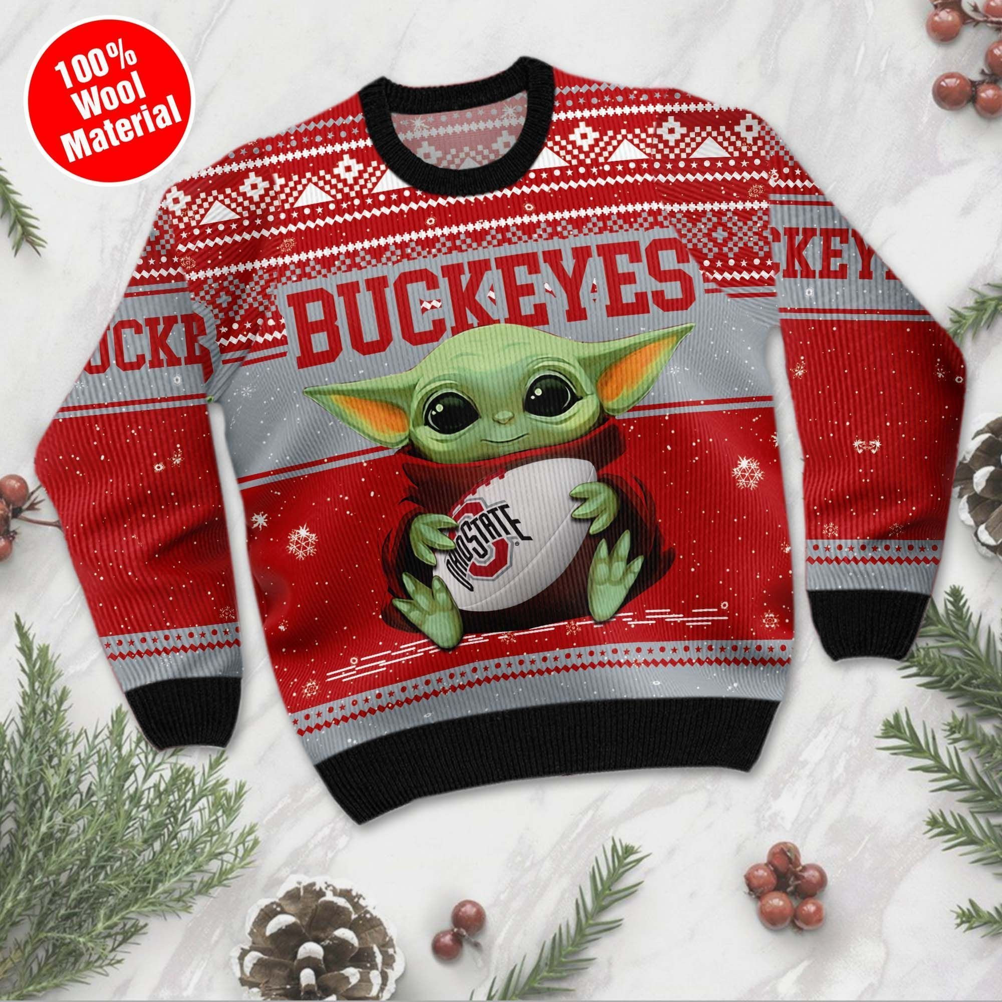 Ohio State Buckeyes Grogu Baby Yoda Hug Logo Ugly Christmas Sweater Adult 3D Funny Matching for family - Image 3