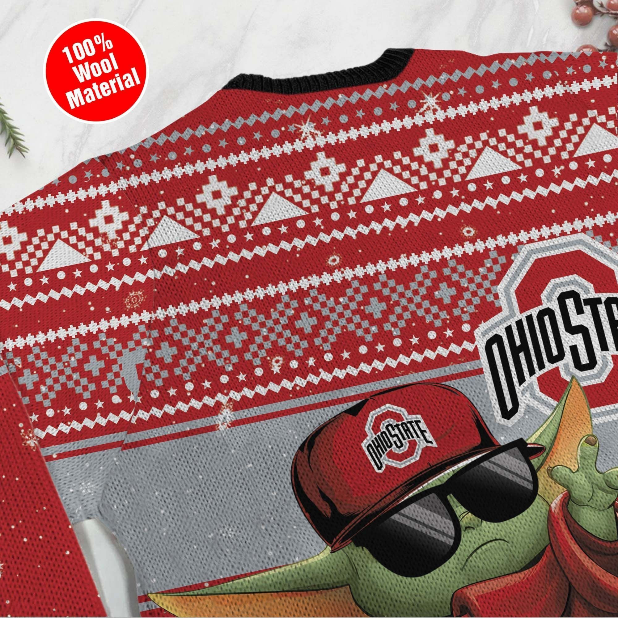 Ohio State Buckeyes Grogu Baby Yoda Hug Logo Ugly Christmas Sweater Adult 3D Funny Matching for family - Image 5