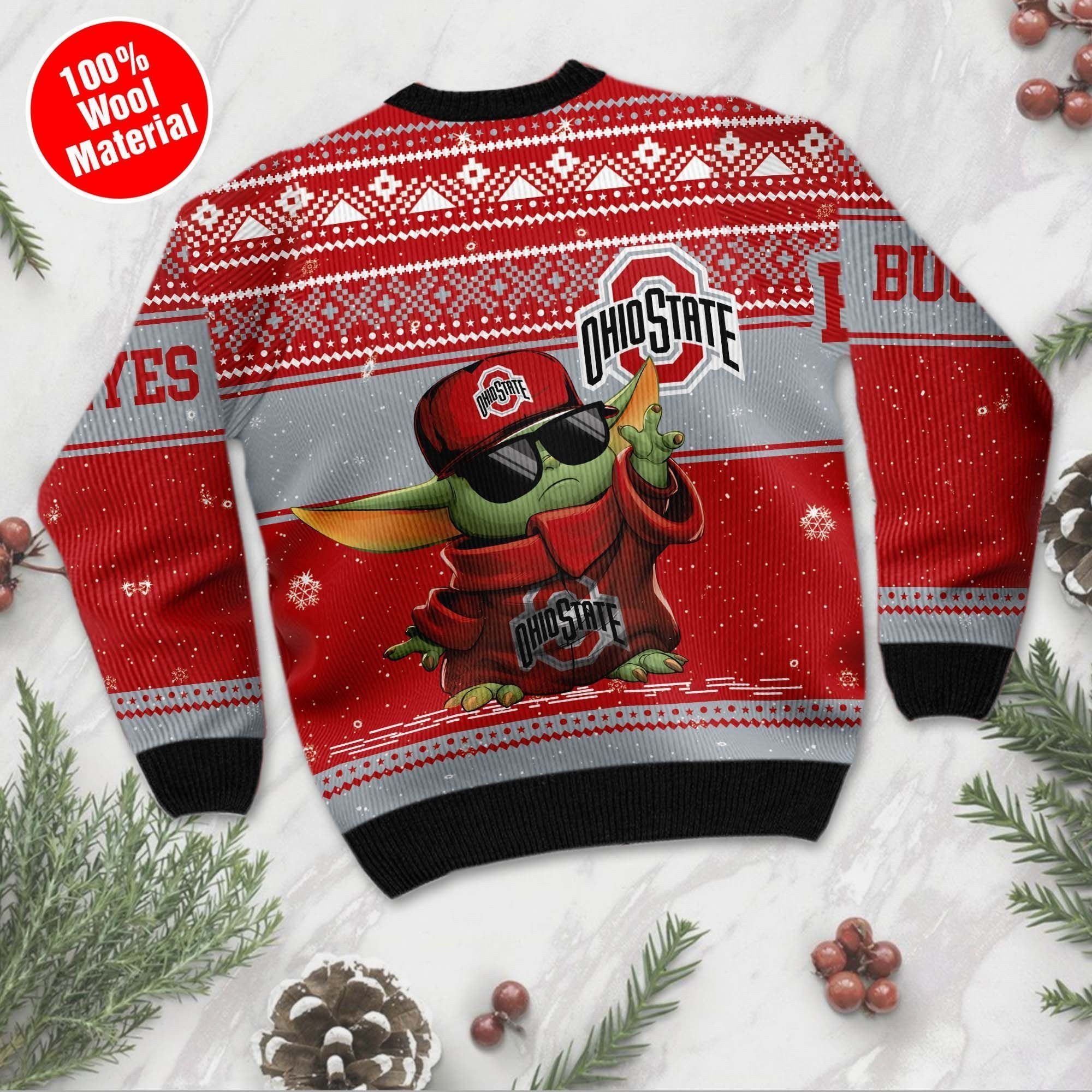 Ohio State Buckeyes Grogu Baby Yoda Hug Logo Ugly Christmas Sweater Adult 3D Funny Matching for family - Image 2