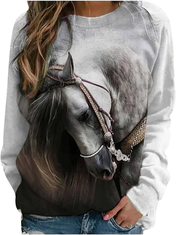 Oil Painting Horse 3D Print Sweatshirts Crewneck Casual Jumper