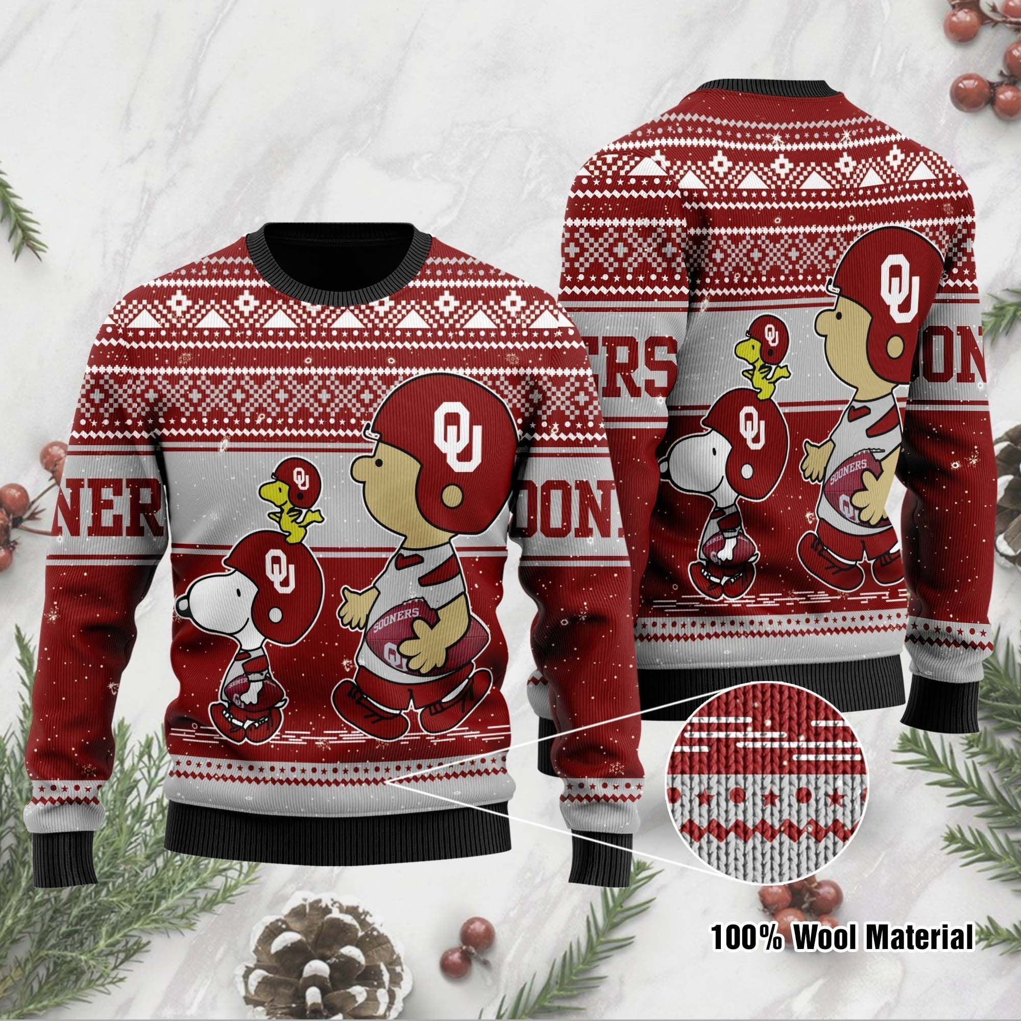 Oklahoma Sooners Charlie Brown Snoopy Wear Football Jersey Ugly Christmas Sweater Adult 3D Funny Matching for family