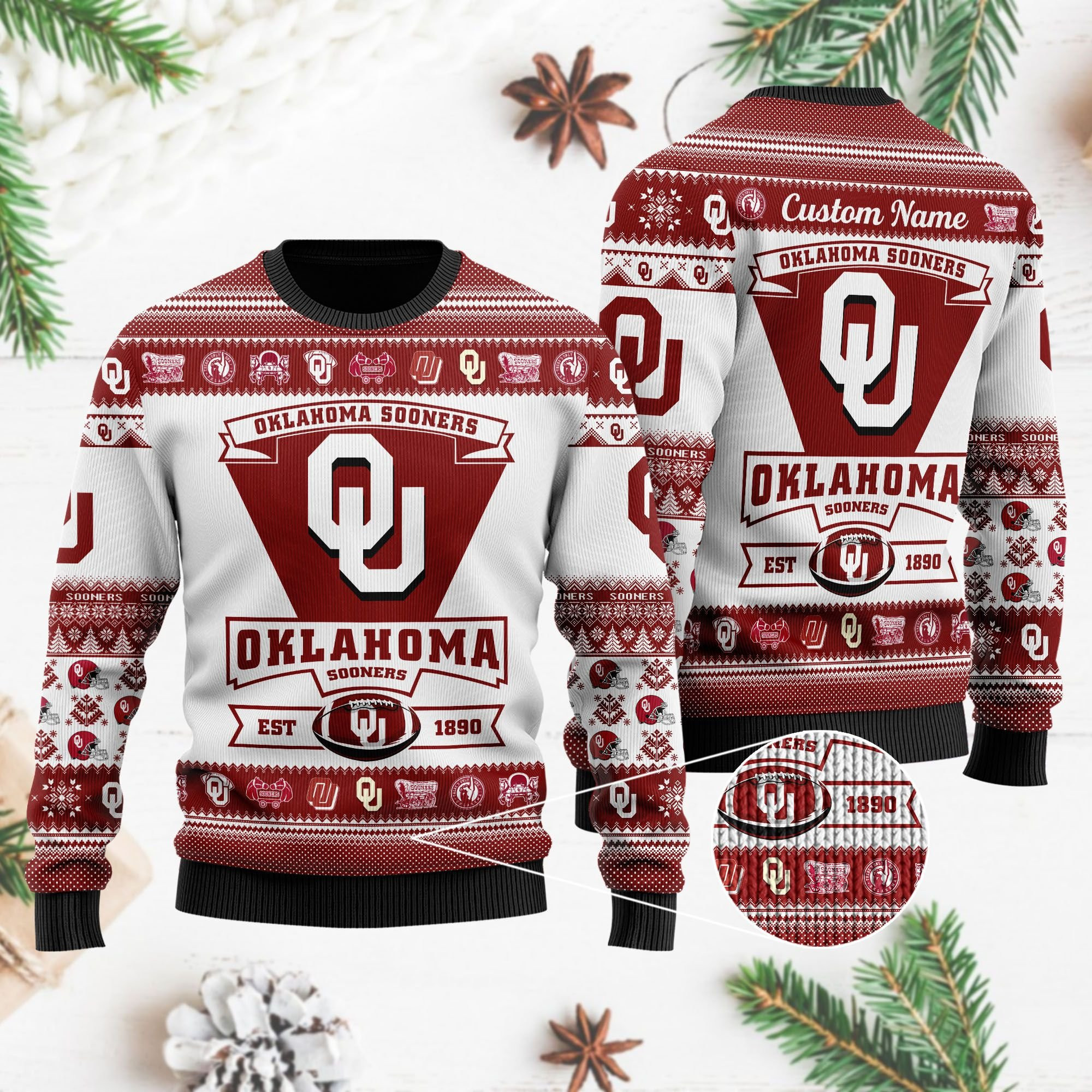 Oklahoma Sooners Football Team Logo Custom Name Personalized Ugly Christmas Sweater Adult 3D Funny Matching for family