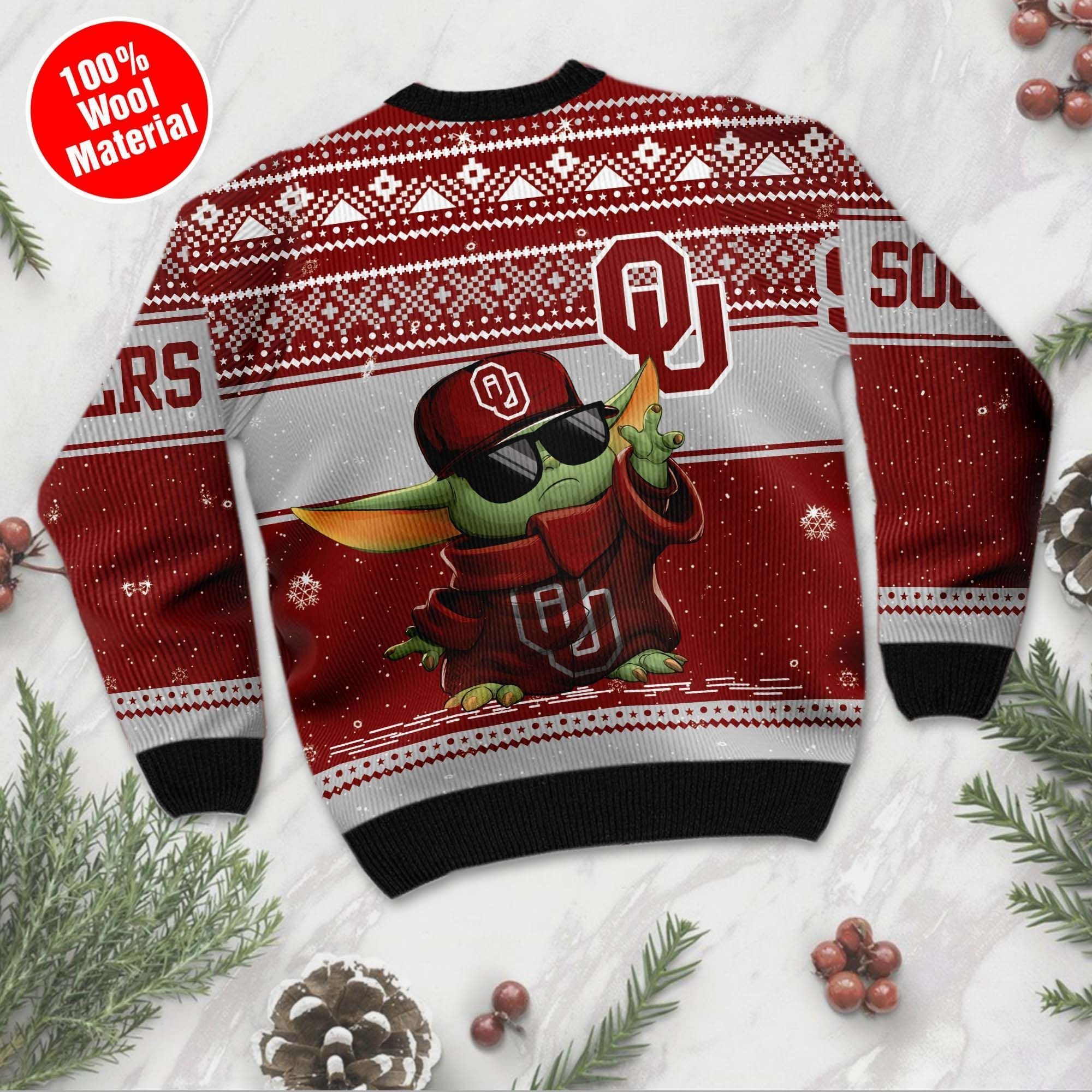 Oklahoma Sooners Grogu Baby Yoda Hug Logo Ugly Christmas Sweater Adult 3D Funny Matching for family - Image 3