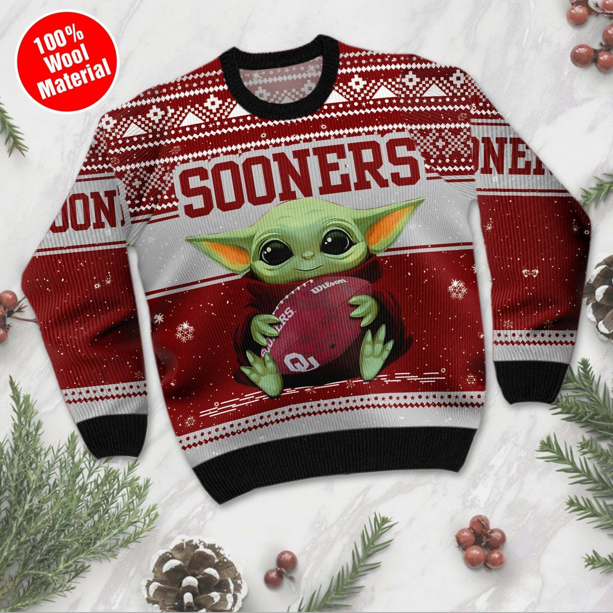 Oklahoma Sooners Grogu Baby Yoda Hug Logo Ugly Christmas Sweater Adult 3D Funny Matching for family - Image 2