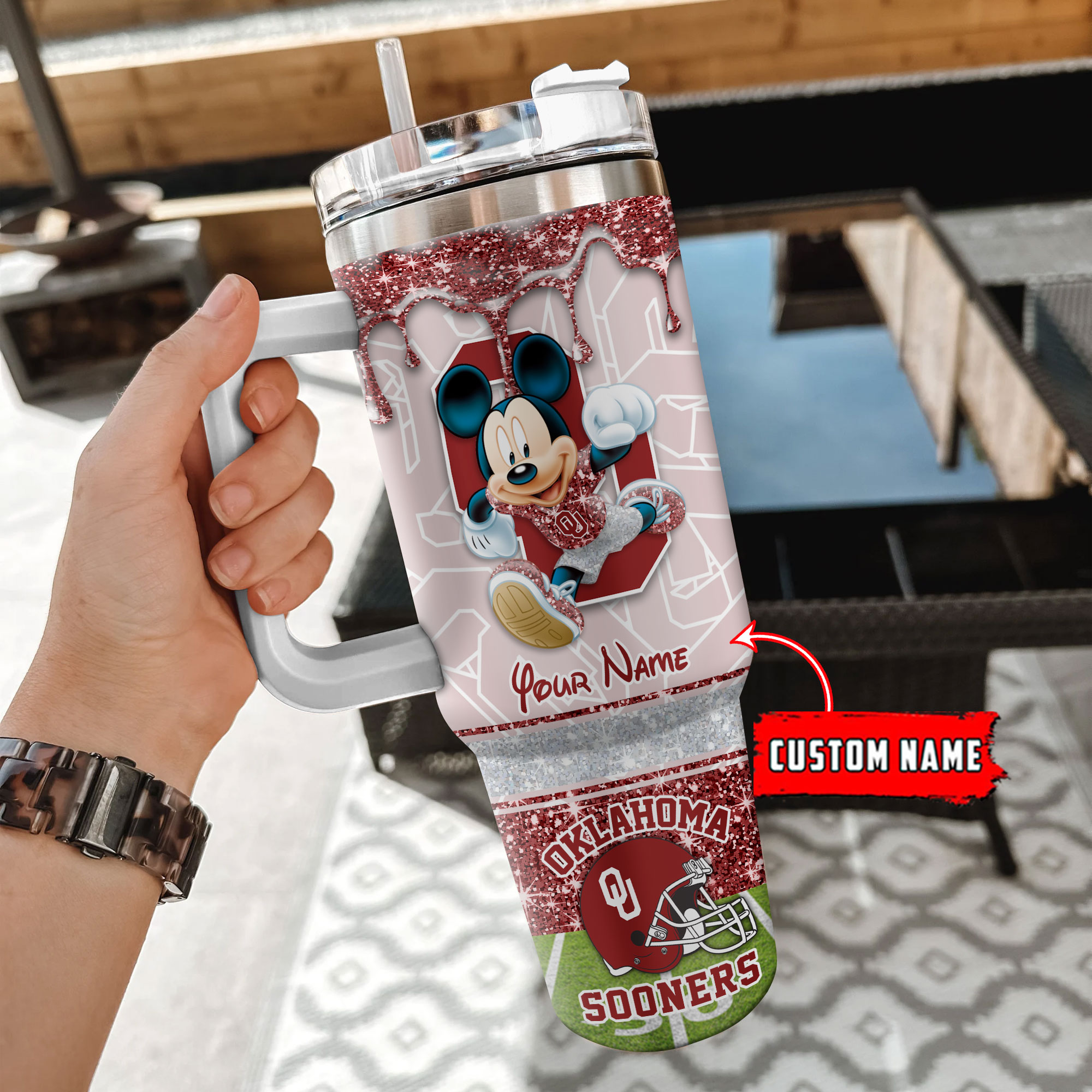 Oklahoma Sooners NCAA Mickey Mouse Glitter Custom Stanley Cup 40 oz 30 oz Tumbler With HandleTVC230124 - Image 2