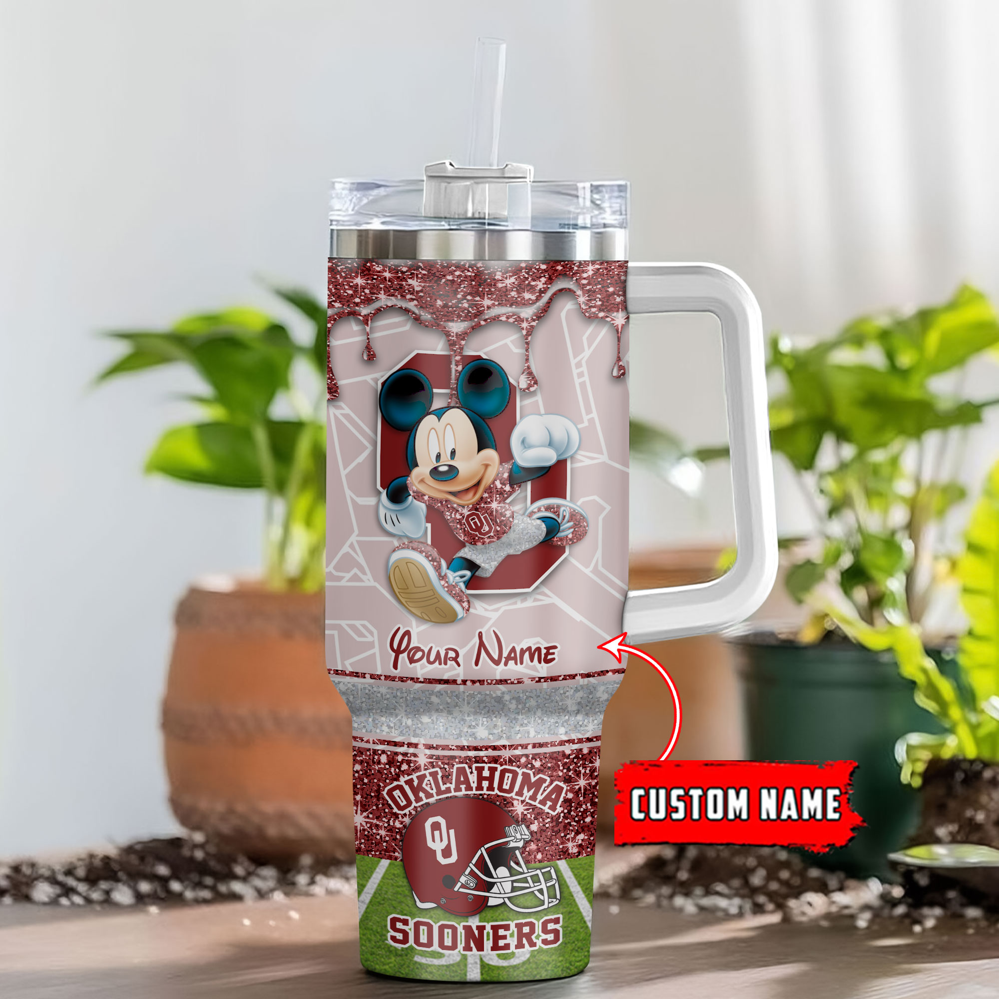 Oklahoma Sooners NCAA Mickey Mouse Glitter Custom Stanley Cup 40 oz 30 oz Tumbler With HandleTVC230124