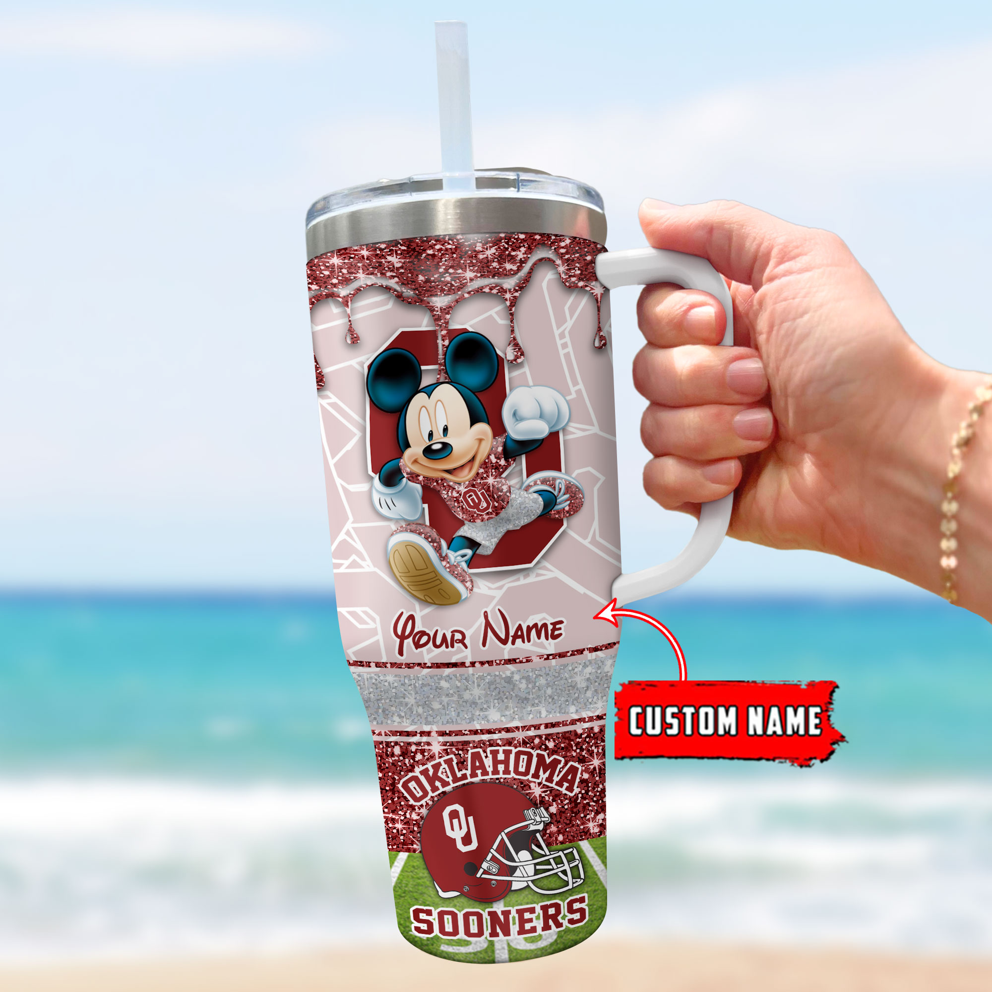 Oklahoma Sooners NCAA Mickey Mouse Glitter Custom Stanley Cup 40 oz 30 oz Tumbler With HandleTVC230124 - Image 3