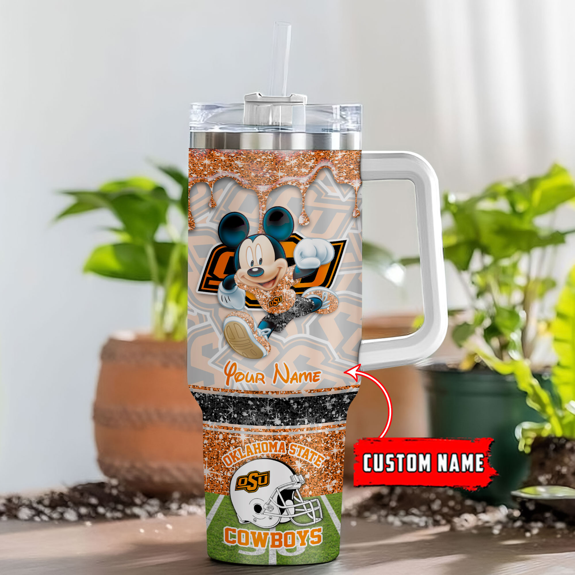 Oklahoma State Cowboys NCAA Mickey Mouse Glitter Custom Stanley Cup 40 oz 30 oz Tumbler With HandleTVC230124