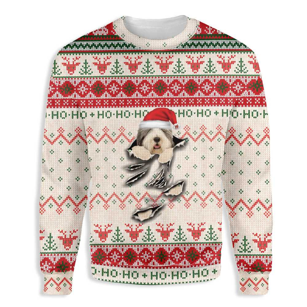Old English Sheepdog Scratch Ugly Christmas Sweater Adult 3D Funny Matching for family