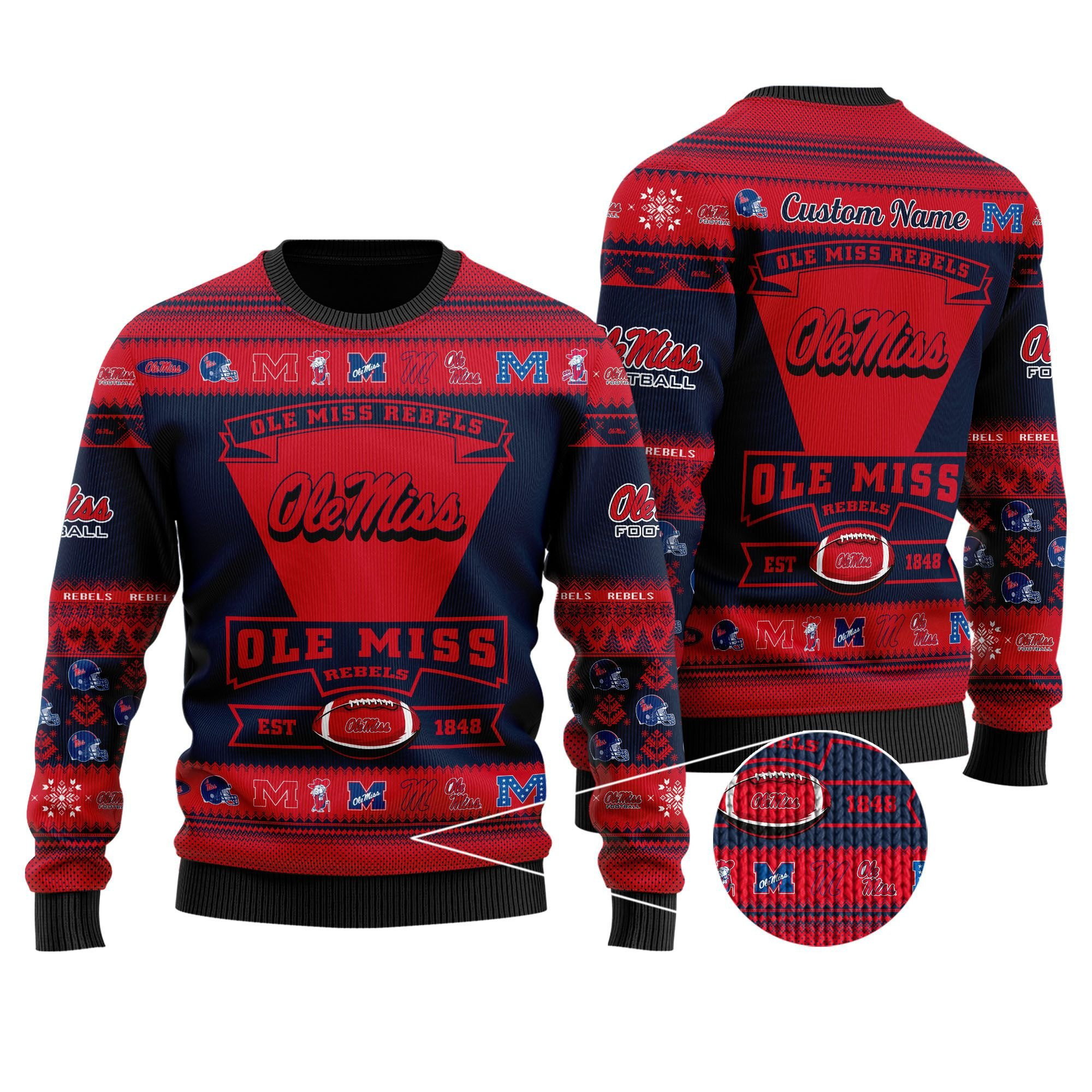 Ole Miss Rebels Football Team Logo Custom Name Personalized Ugly Christmas Sweater Adult 3D Funny Matching for family