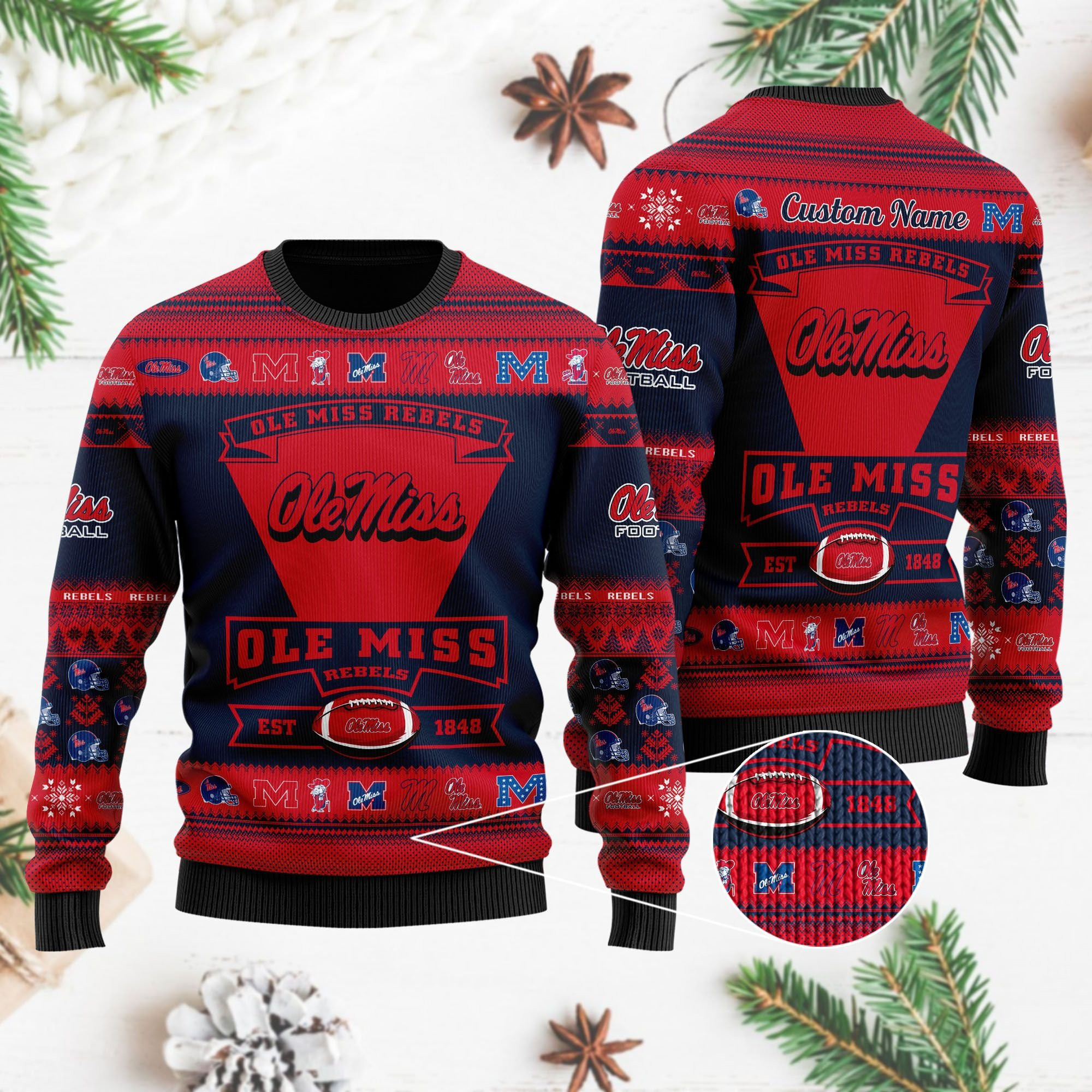 Ole Miss Rebels Football Team Logo Custom Name Personalized Ugly Christmas Sweater Adult 3D Funny Matching for family - Image 4