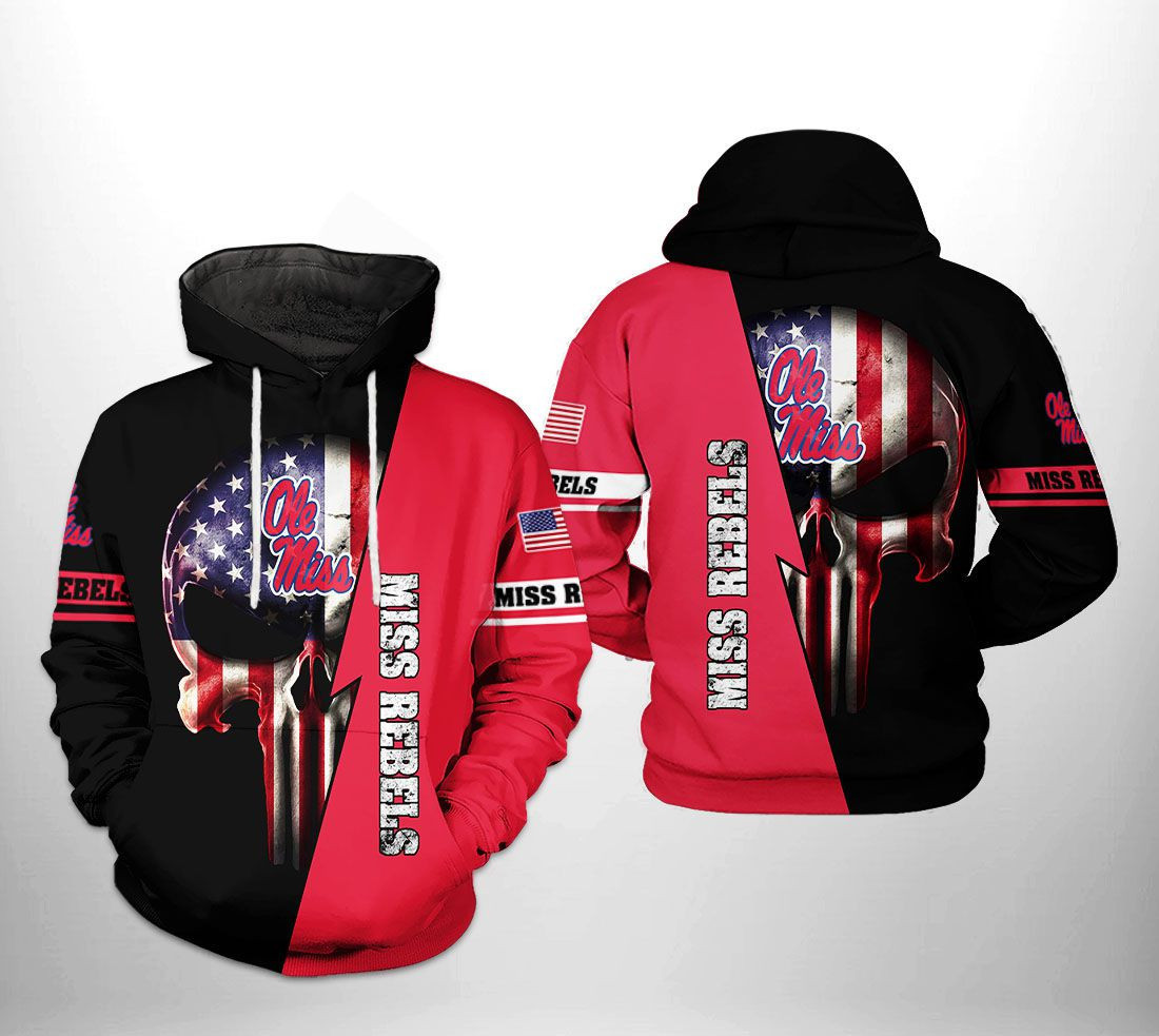 Ole Miss Rebels NCAA US Flag Skull 3D All Over Print Hoodie, Zip Hoodie
