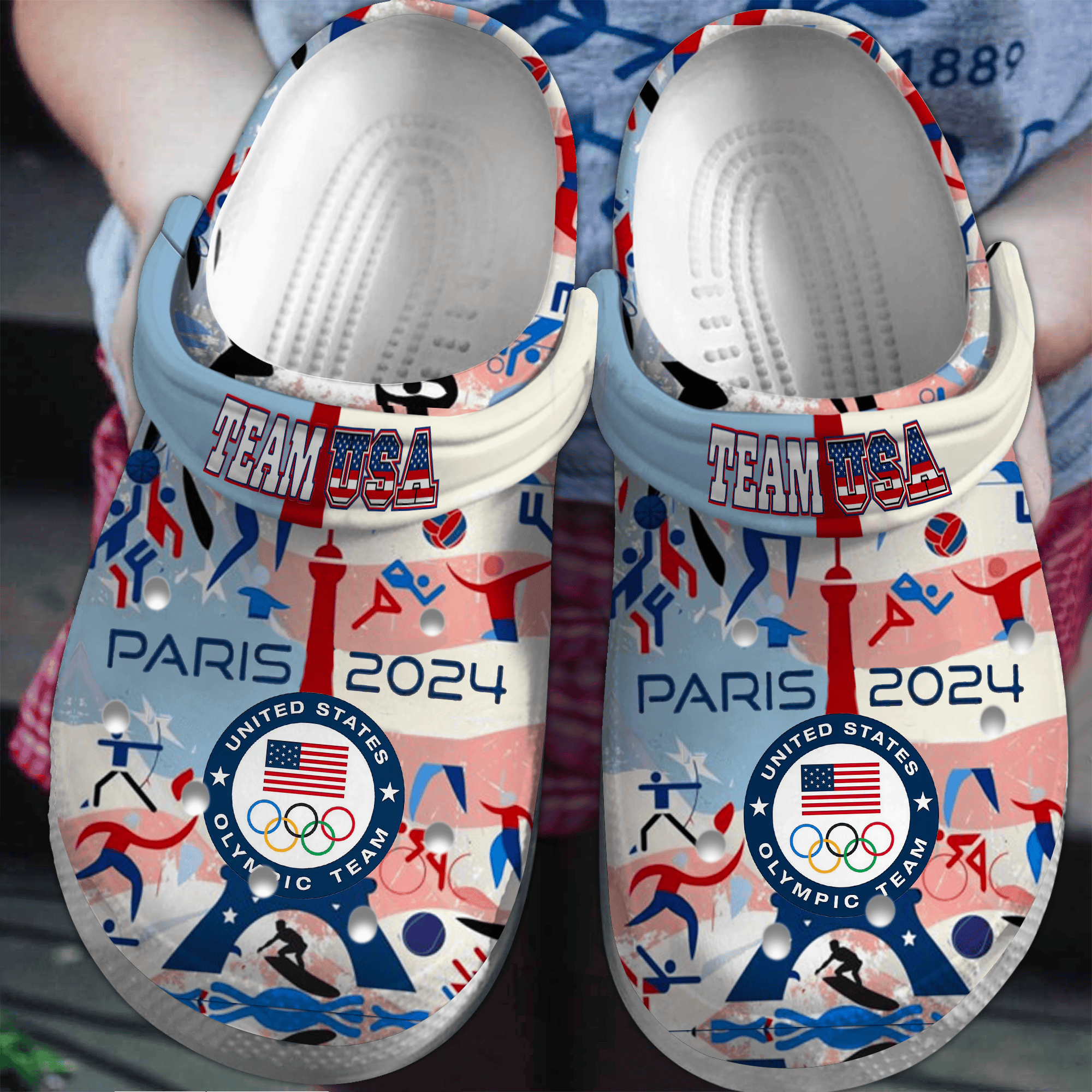 Olympic Paris 2024 Team USA Sport Crocs Crocband Clogs Shoes Comfortable For Men Women and Kids