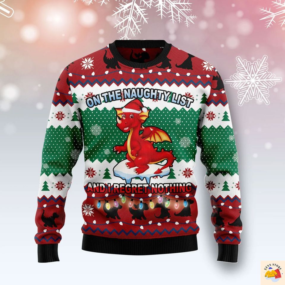 On The Naughty List, Dragon Ugly Christmas Sweater All Over Print Sweater Apparel,Xmas Sweater, Xmas 2022 GiftChristmas Gift - Image 2